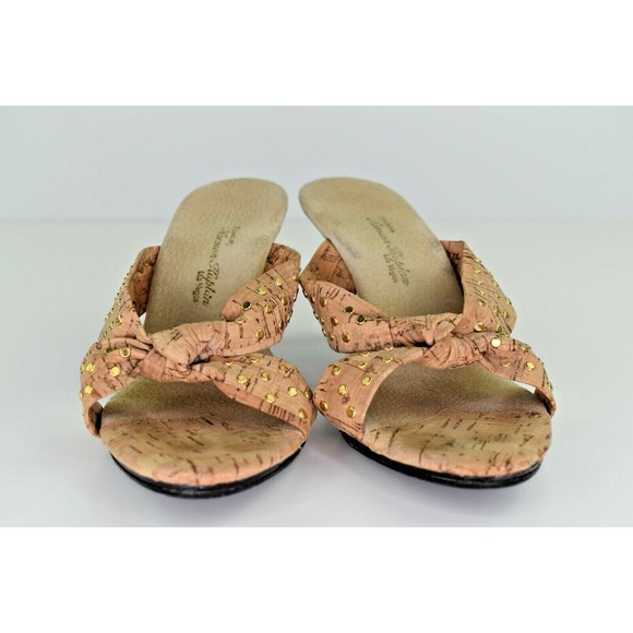 Norman Kaplan Las Vegas Woman's Heels Leather Cork Gold Studded Lucite Size 6 - Picture 6 of 9
